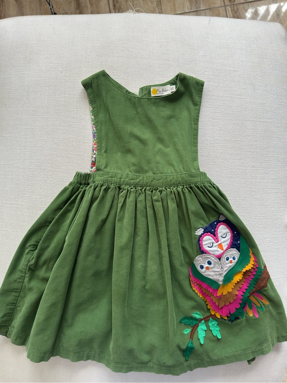 Mini Boden Olive Green Corduroy Pinafore Dress with Colorful Owl Appliqué